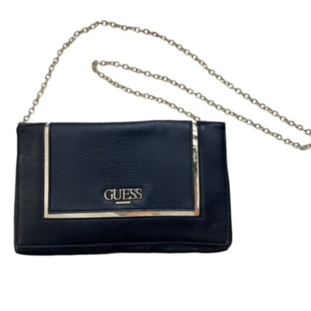 🎉SALE🎉 GUESS Black Faux Leather Snakeskin Gold Chain Convertible Crossbody NEW